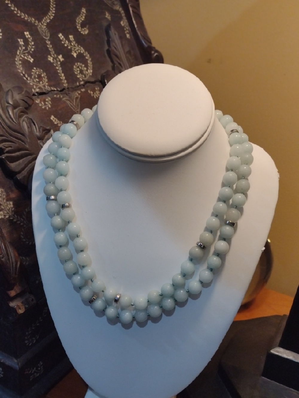 Double Strand Pale Aqua Stone Beaded Necklace, Genuine Stone
